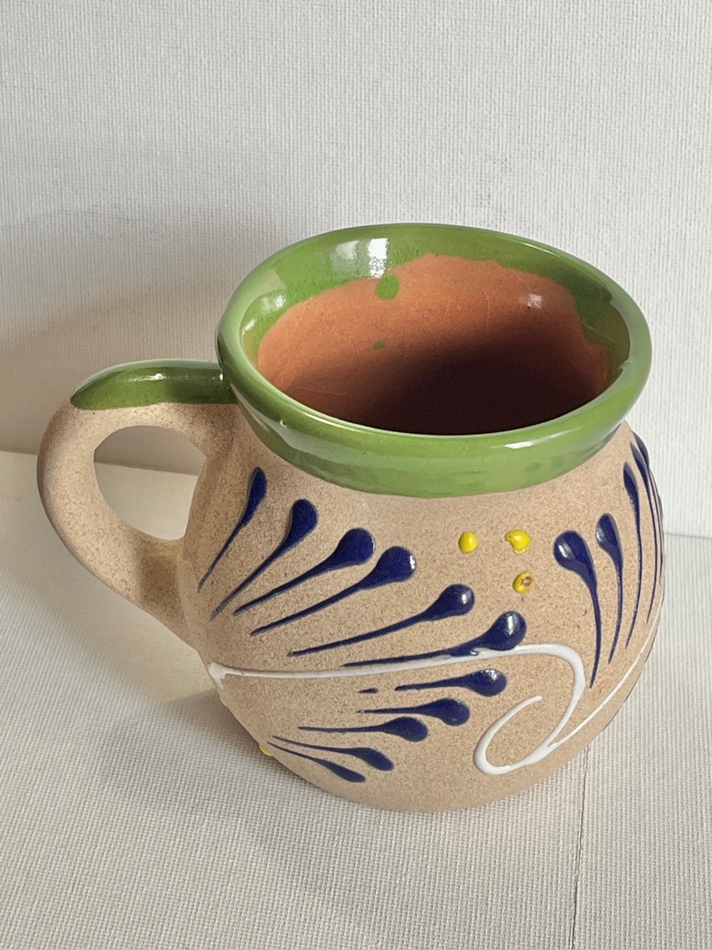 Handmade Painted Mexican Red Clay Pottery Coffee Mug 16 Oz Folk Art Pottery